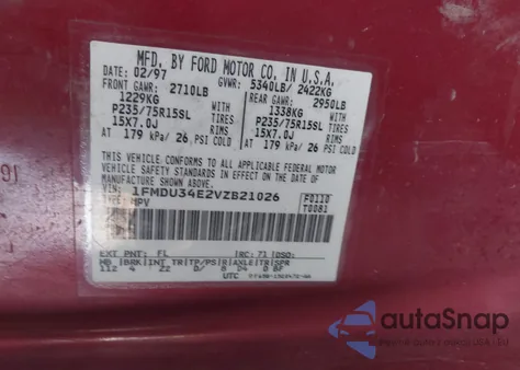 1997 Ford Explorer Eddie Bauer/Limited/Xl/Xlt из США, поврежденный, VIN 1FMDU34E2VZB21026